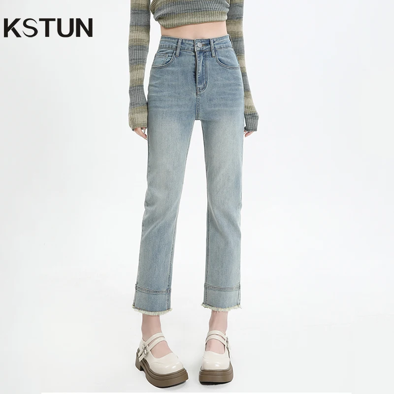 

KSTUN летние женские укороченные джинсы с высокой талией, тонкие прямые эластичные джинсы для женщин, брюки до щиколотки, модные лоскутные винтажные джинсы