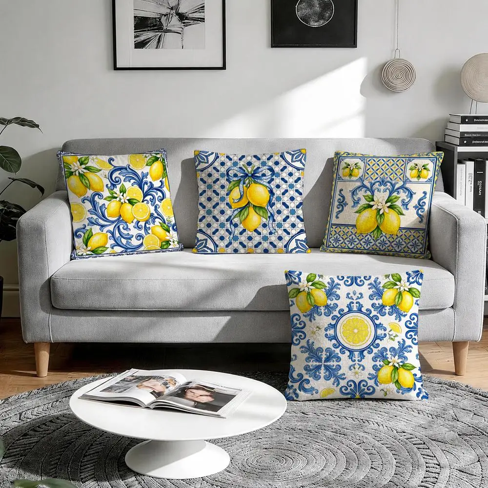Sicilian Blue Tile Lemon Cushion Cover Natural Breathable Durable Linen Printed Decor Pillow Case Sofa Bedroom