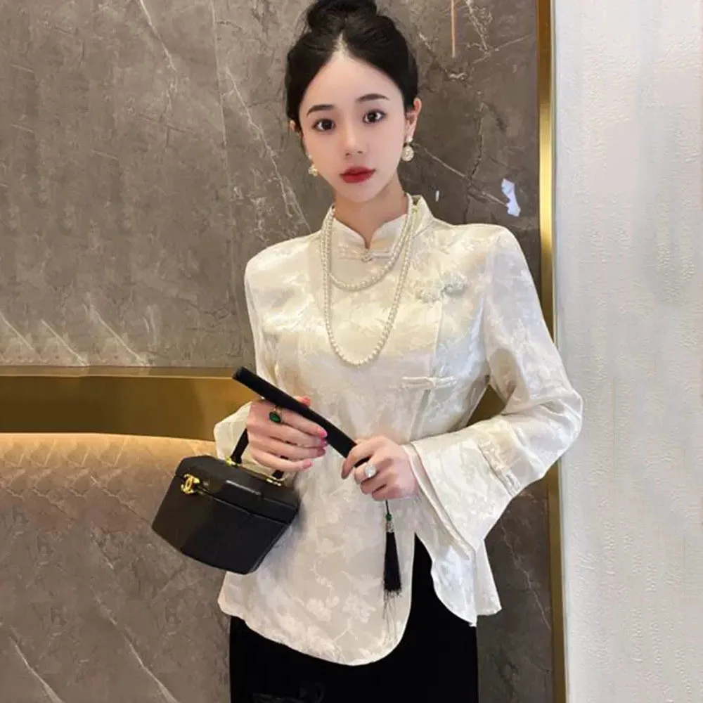 Chinese Style Shirt Women's Spring National Style Tops Retro Pan Button Flare Sleeve White Jacquard Blouses Chic Elegant Shirts