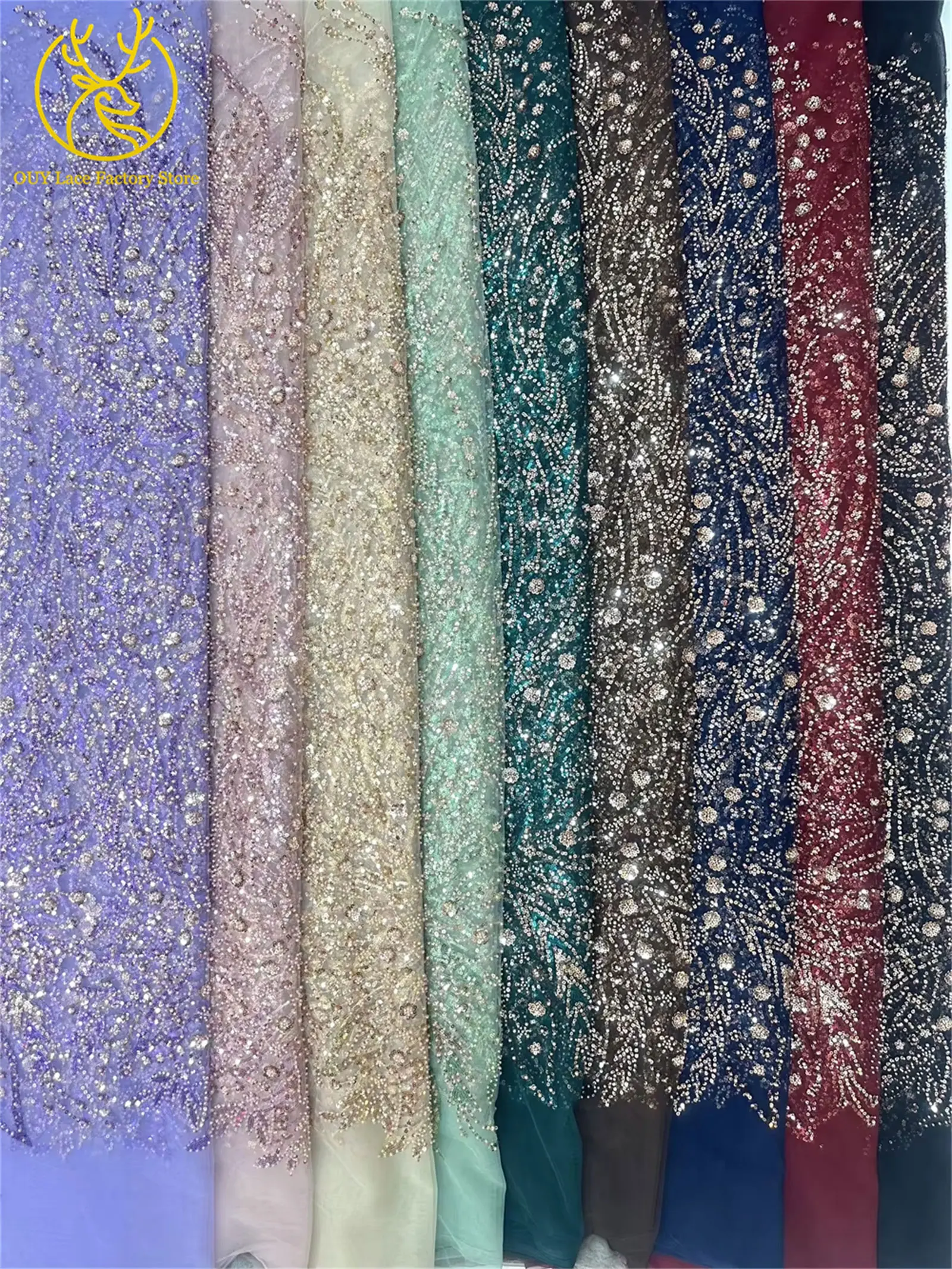 Afrikanischer Spitzenstoff, 5 Yards, hochwertiger nigerianischer Spitzenstoff mit Perlen und Pailletten, französische Tüllspitze zum Nähen von Hochzeits- und Partykleidern – Detail 3