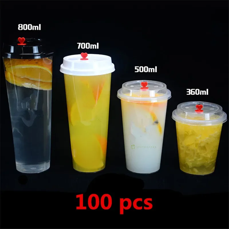 100 Pcs Disposable Transparent Plastic Cup Juice Cups Cold Drinks Takeaway Packaging (with Dome Lid) Bubble Tea Coffee Cup PVC