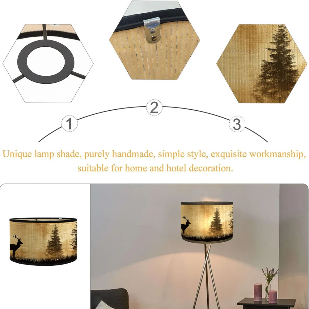 Bamboo Lampshade Forest Elk Silhouette Printed Lampshade E27 Lamp Holder Barrel Shaped Lampcover