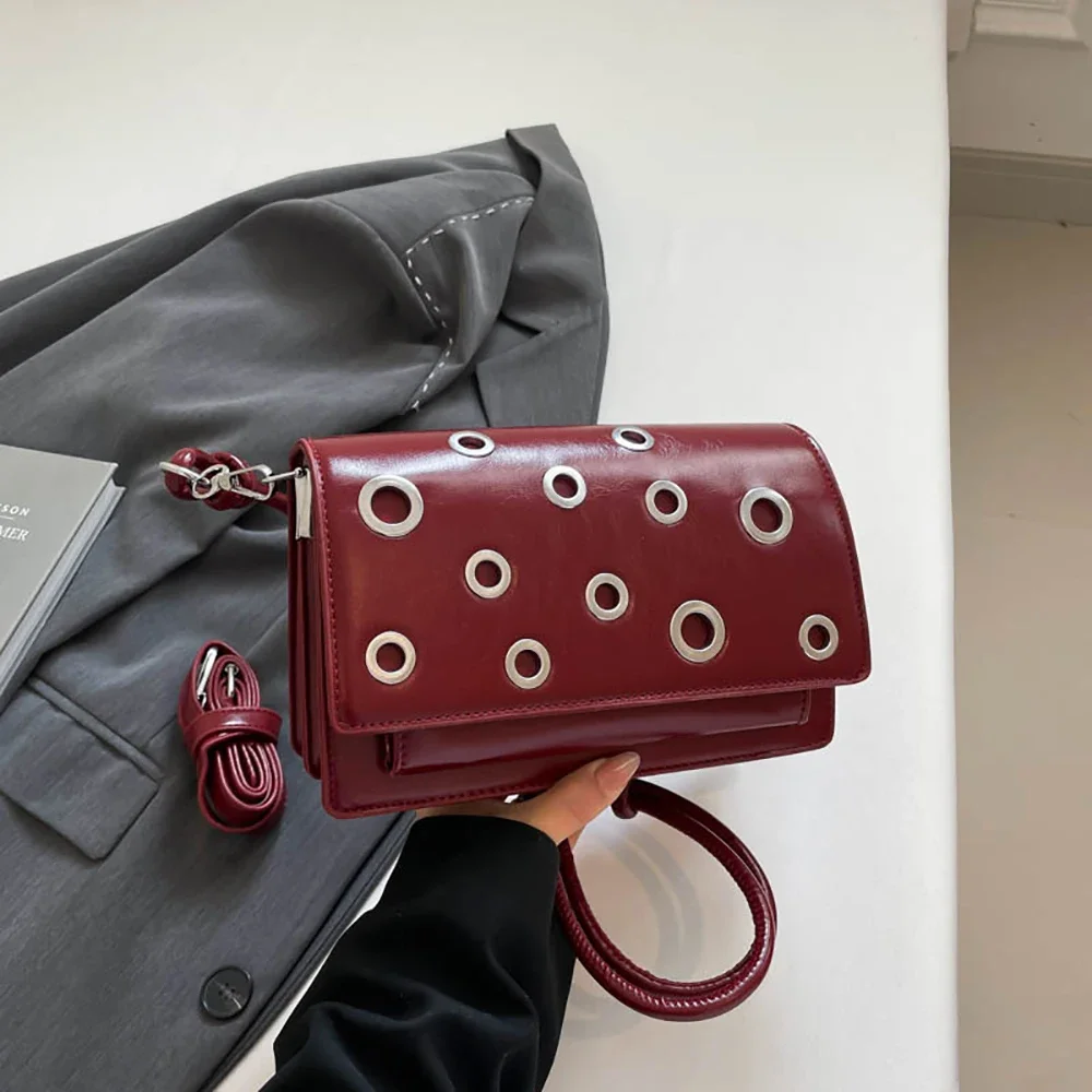 

Women Fashion Hollow Out Burgundy Crossbody Bag Trendy All-Match Buckle One Shoulder Bags Square Glossy Versatile Commute Packs