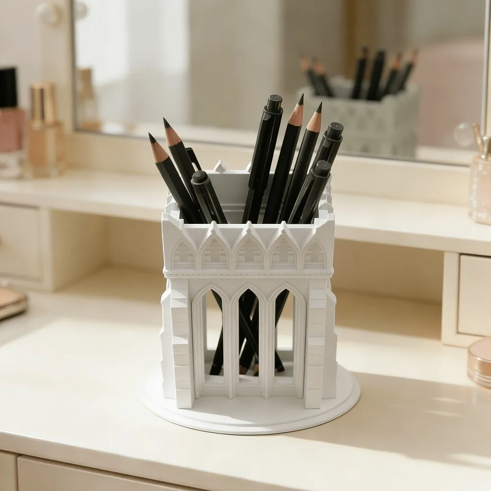 Retro Gothic Church-Style Pen Holder Vintage Delicate Castle Makeup Brush Storage Box 3D Printed Large Capacity Desktop Ornament