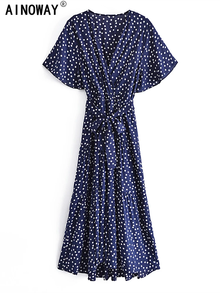 Vintage Chic Women Polka Dot Short Sleeve Beach Bohemian Maxi Dress Ladies Rayon Cotton Summer High Low Boho Dresses Robe