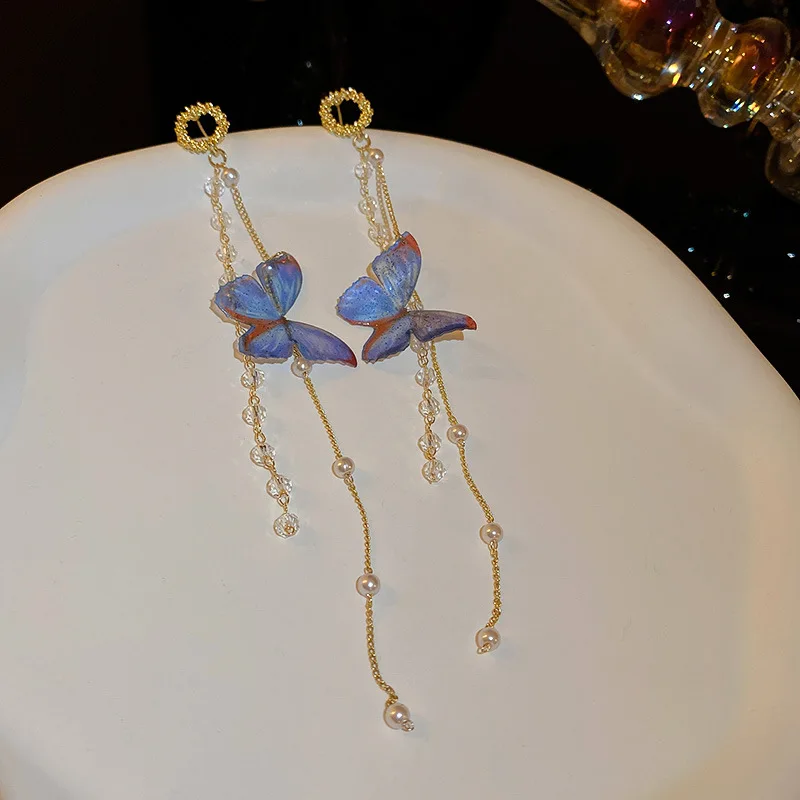 Pendientes de borla de cristal de mariposa rosa azul dulce para mujer, nueva moda coreana, pendientes largos delicados de gota, joyería, regalo de