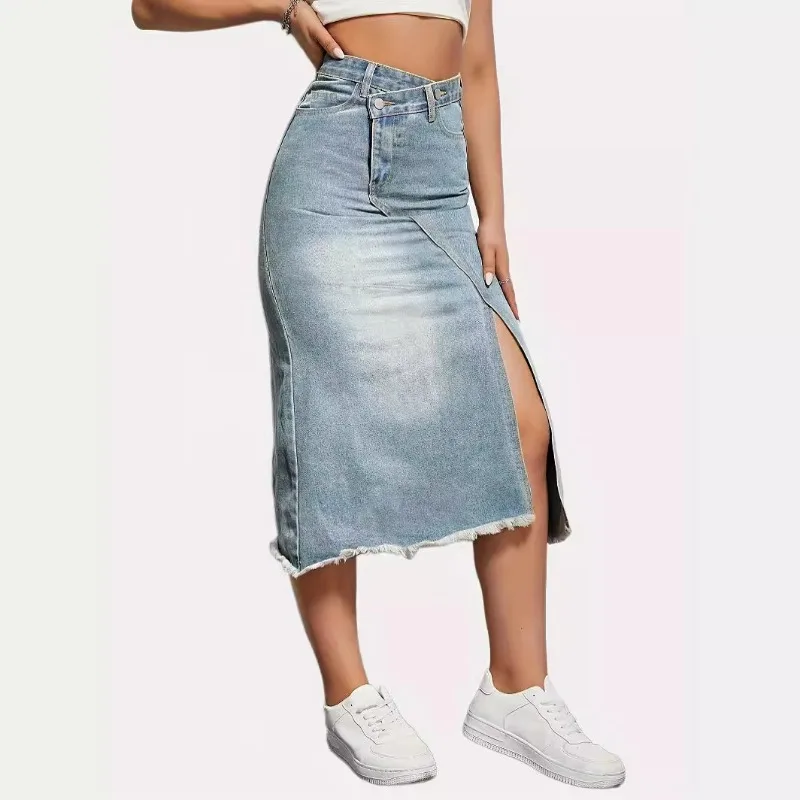 

Spring and Summer American Retro Denim Skirt Women's Fashion Split Splicing Medium and Long A-shaped Skirt
