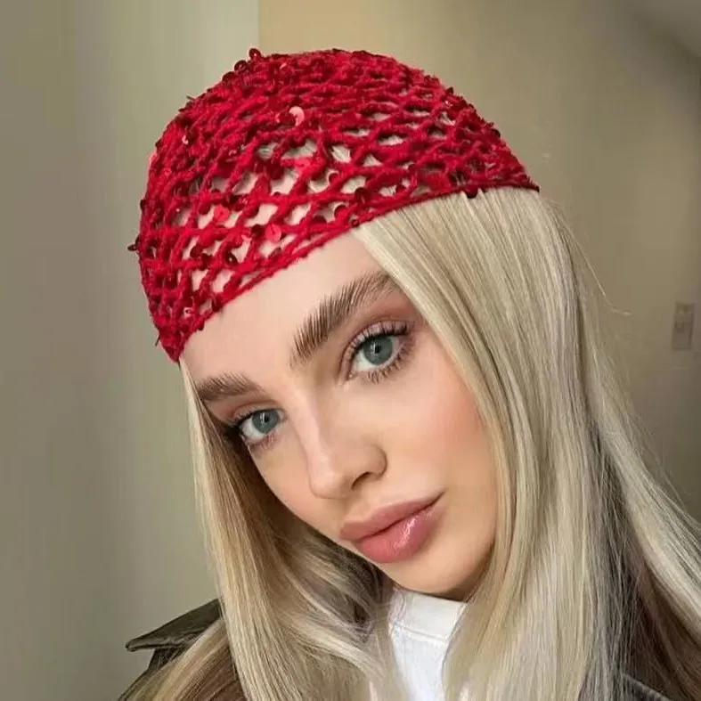 women's-knitted-hollow-out-bobble-hat-face-slimming-fashionable-overhead-cap-autumn-season-korean-style-versatile-leather-hat