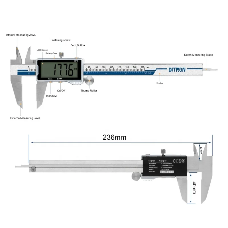 DITRON cyfrowy zacisk 150/200/300mm duży ekran LCD ze stali nierdzewnej metalowy suwmiarka do narzędzi pomiarowych