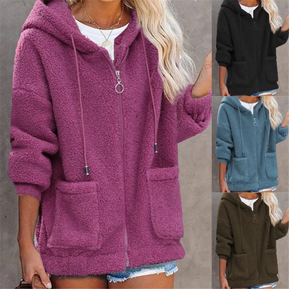 Women Autumn Sherpa Fleece Sweater Plus Size 3XL Hooded Cardigan Loose Large Pockets Zipper Teddy Jacket Winter Warm Tops