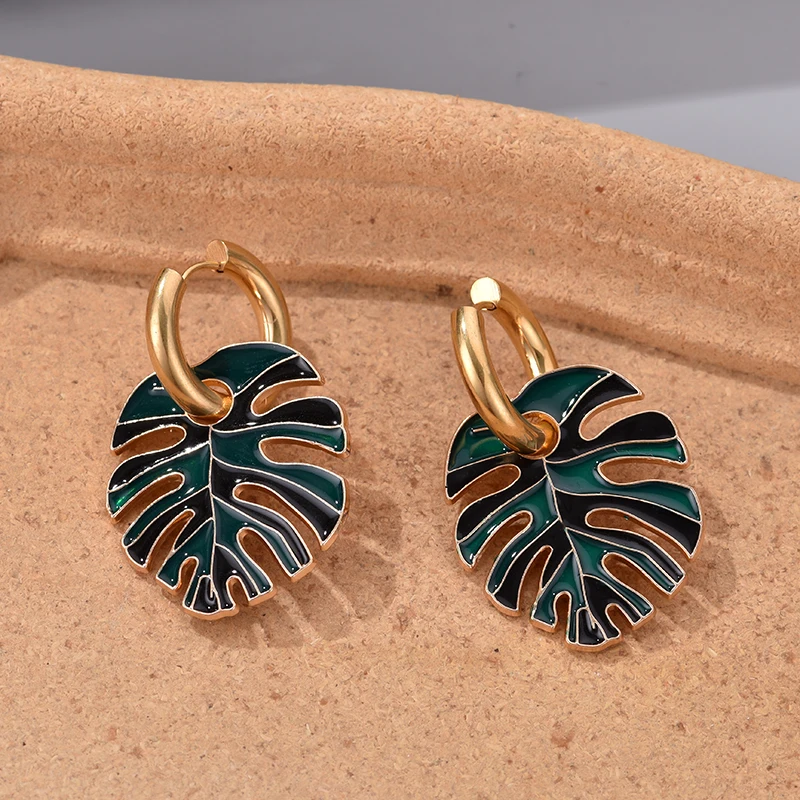 Heiße Bunte Große Blatt Anhänger Gold Farbe Edelstahl Ohrringe Für Frauen Schmuck Vintage Aussage Emaille Runde Creolen – Detail 15