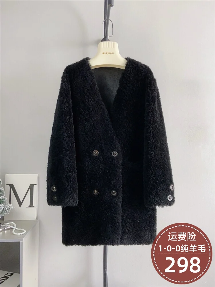 Pure wool V-neck, medium length, solid color temperament, lamb wool jacket, composite fur, Haining fur, autumn and winter new