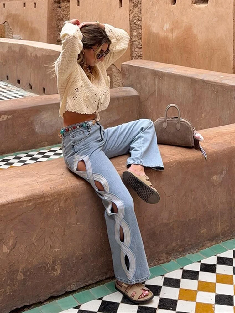Fashion Side Hollow-out Denim Pants Women's High-waist Straight Long Trousers 2026 Spring Summer New Ladies Trendy Outwear