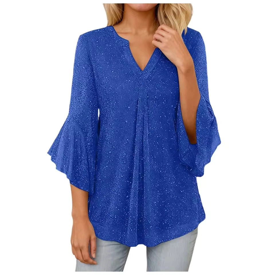 

Women V Neck Sequined Top Year Eve Outfit Sequined Shirt Wedding Banquet Festival Shirt Flare Sleeve Long Sleeve Sexy Shirt