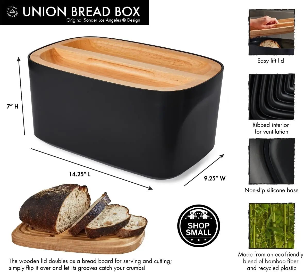 Sonder Los , Modern Bamboo Fiber (White) Bread Box for Kitchen Countertop with Reversible Wood Serving Lid, Homemade Bread  14.2