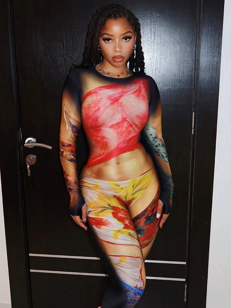 Leosoxs 다채로운 프린트 점프 슈트 여성 섹시한 오 넥 풀 슬리브 스키니 피치 힙 핫 걸스 스트리트 패션 와일드 스타일 오버올