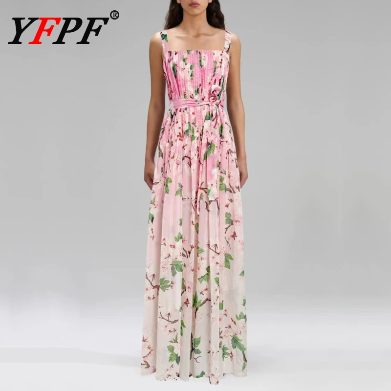 

YFPF 2025 летнее модное платье женское с цветочным принтом без рукавов на шнуровке с высокой талией вечерние платья на бретельках элегантная новая одежда