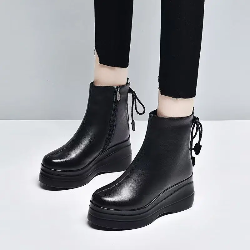 Women Autumn Winter New Leather Wedges Ankle Boots Thick Sole Round Toe Plus Keep Warm Black Color High Heel Cotton Boots