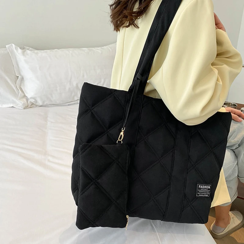 Women Handbag Fall/Winter Fashion Rhombus Space Cotton Suit Shoulder Bag Large Capacity Solid Color All-Match Shopping Tote Bag