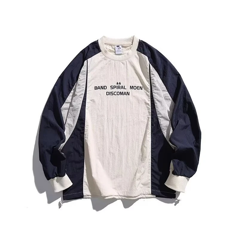 Regular Loose Functional Splicing Streetwear Waterproof Raglan Sleeve Sweatshirt Neck Pullover Casual Top for Spring & Autumn