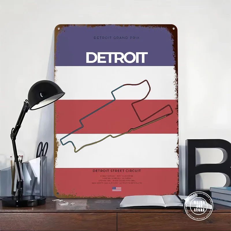 Detroit F-Racing Circuit Personalized 3D Textured Metal Poster Wall Art Tinplate Sign for Office Decoration Room Desk Decor Home
