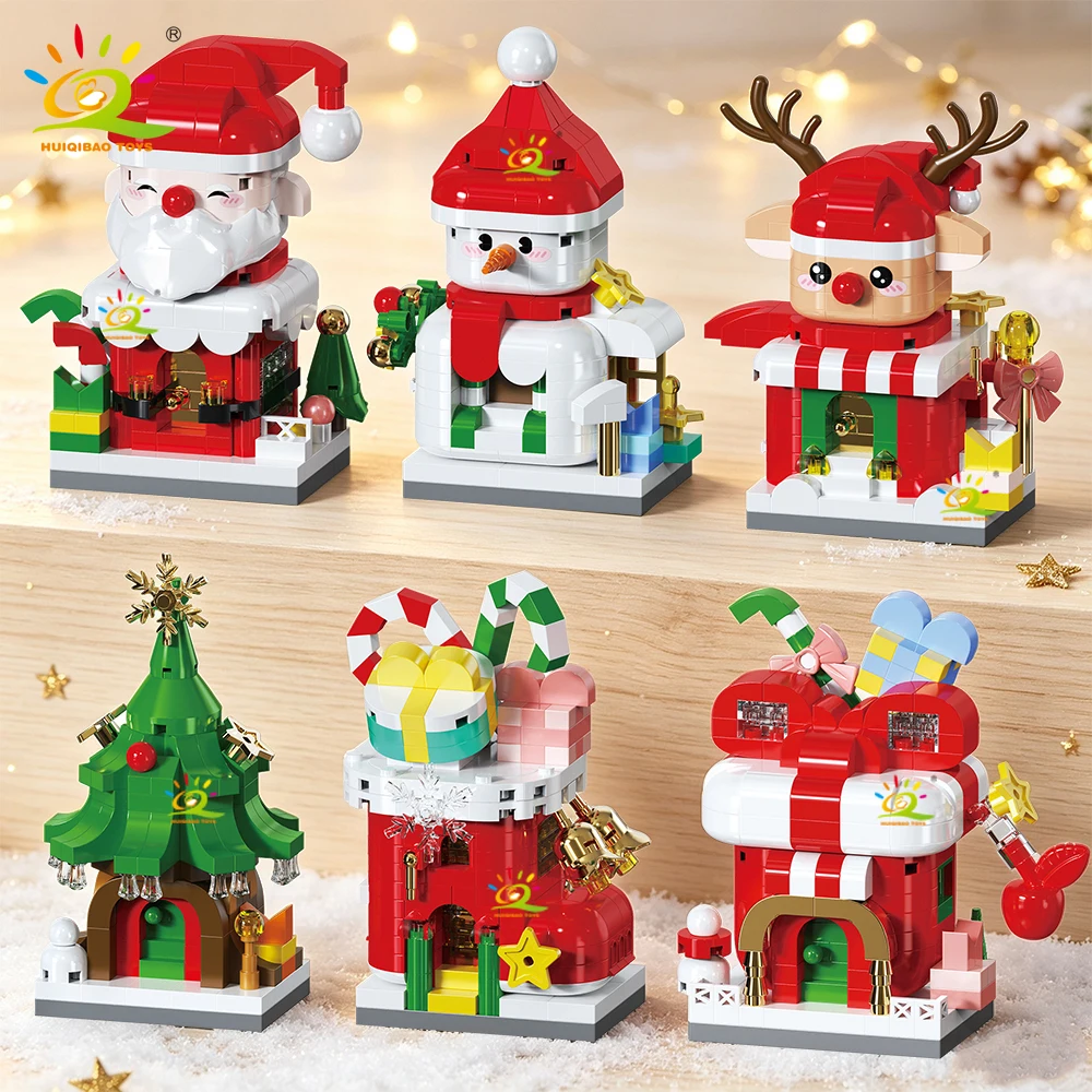 HUIQIBAO Christmas Street View Santa Claus Building Blocks Snowman Xmas Tree Gift House Bricks Model Home Table Decor Kids Toys