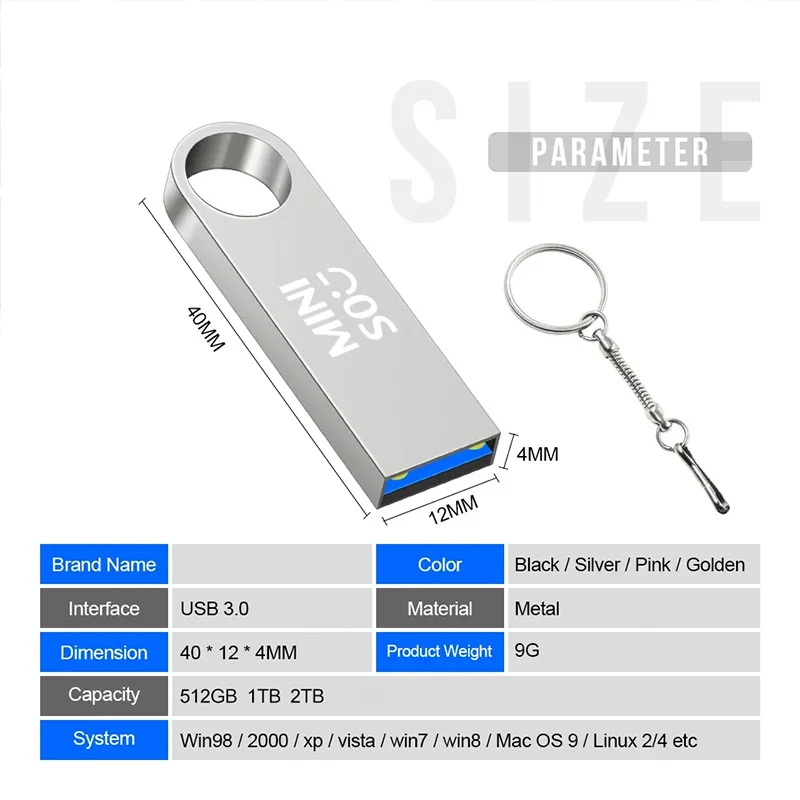 Miniso USB 3.0 2TB Metal Pen Drive 1TB Cle Usb Flash Drives 512G Pendrive High Speed Portable SSD Memoria Usb Stick Adapter
