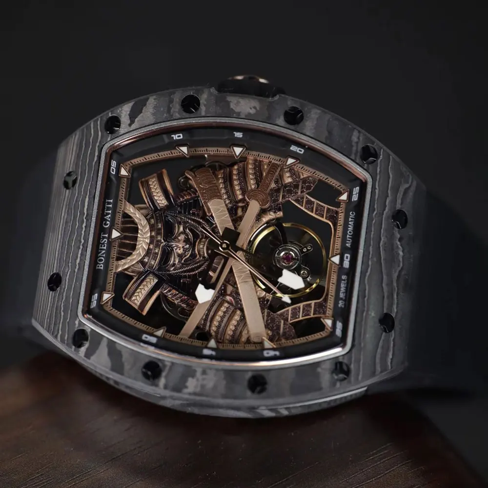 BONEST GATTI Корпус из углеродного волокна Мужские наручные часы с автоматическим механизмом Скелет Воин Механические часы с сапфировым стеклом для мужчин 2025
