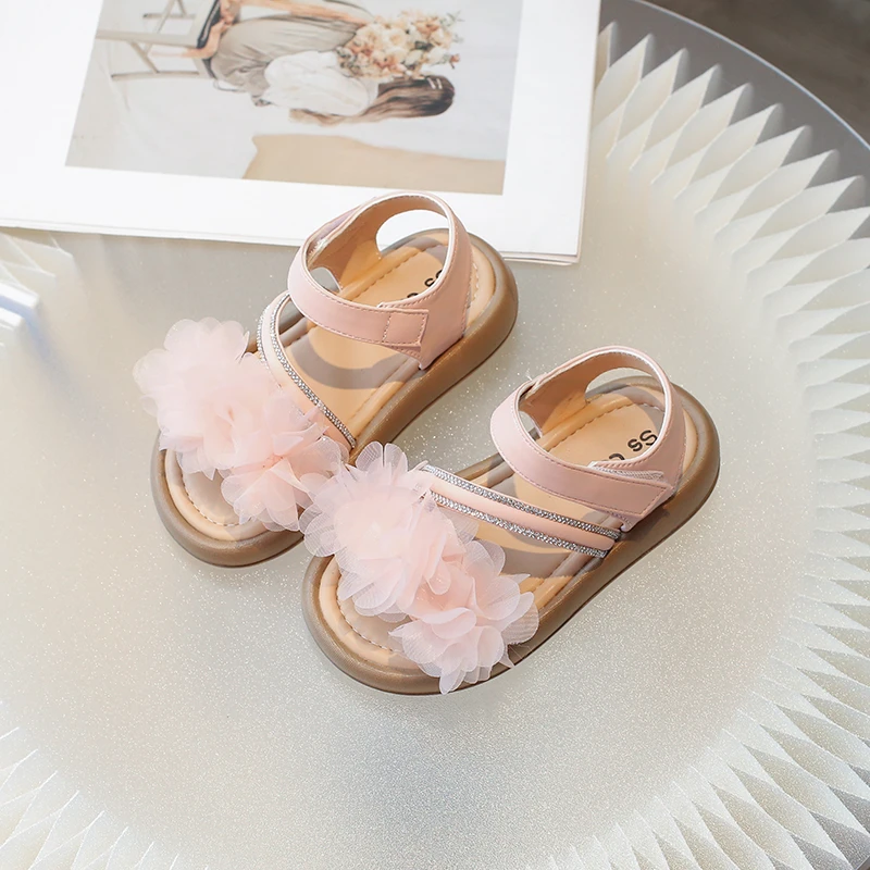 Fancy Flower Lace Sandals For Kid Girl Sweet Floral Applique Sandalias Baby Child Summer Thick Sole Bling Rhinestone Strap Shoes