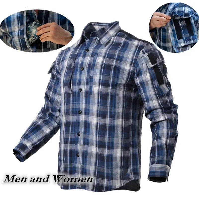 

Fan Plaid Tactical Shirt Men Women Long Sleeve Breathable Cotton Plaid Shirt Outdoor Hiking Training Hunting Shirt Uniform