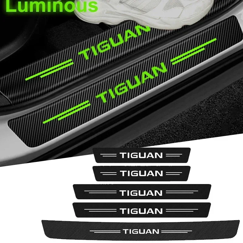 Luminous for VW Tiguan Badge Car Door Threshold Tape Scuff Plate Decals Carbon Fiber Sill Stickers Auto Door Entry Pedal Guards