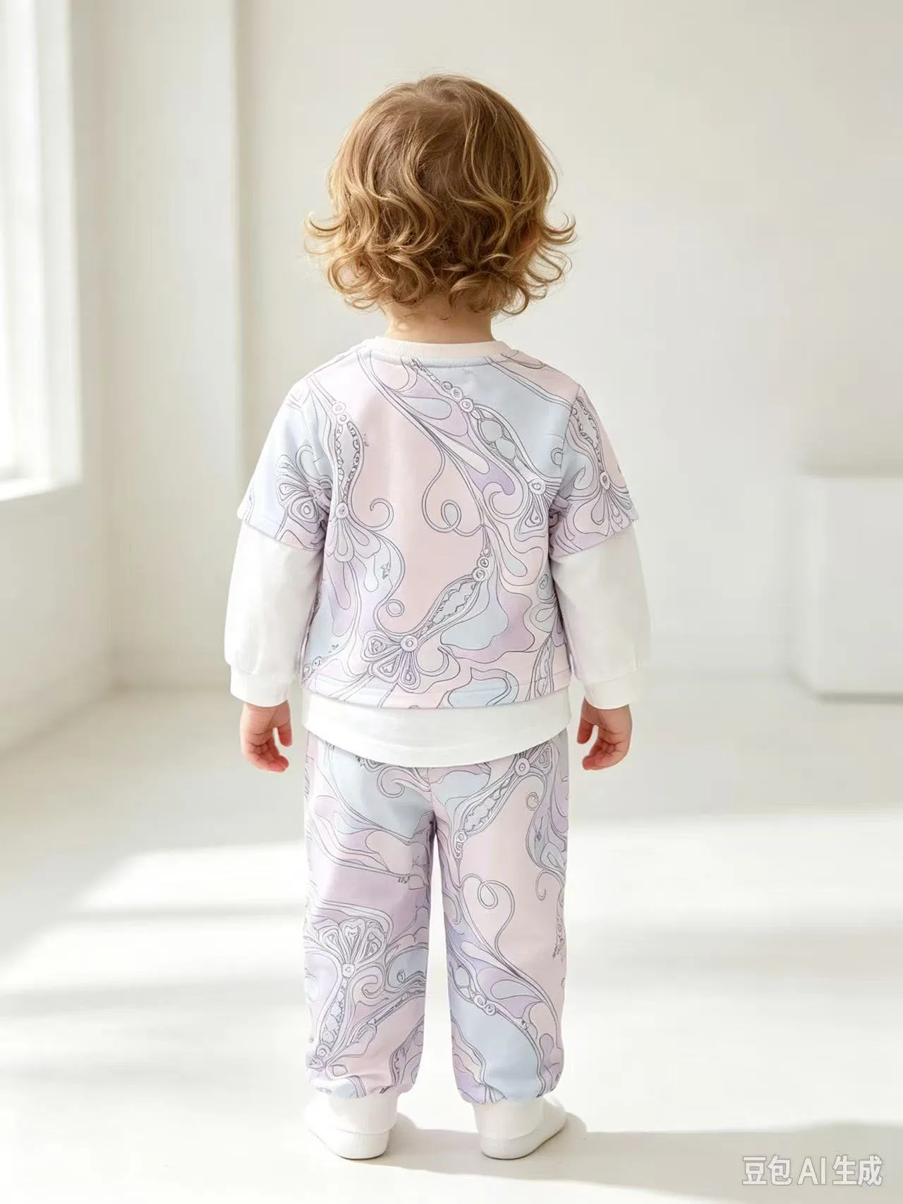 Infant Girl 2 Piece Tracksuit Set Abstract Swirl Print Fake Two-Piece Sweatshirt + Elastic Cuff Trousers