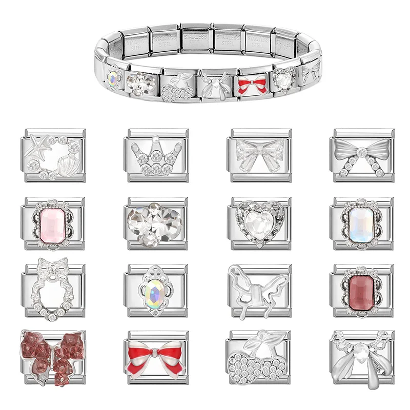 New Zircon Heart Butterfly Italian Charm Link Fit 9mm Bracelet Stainless Steel Women Men DIY Making Gift