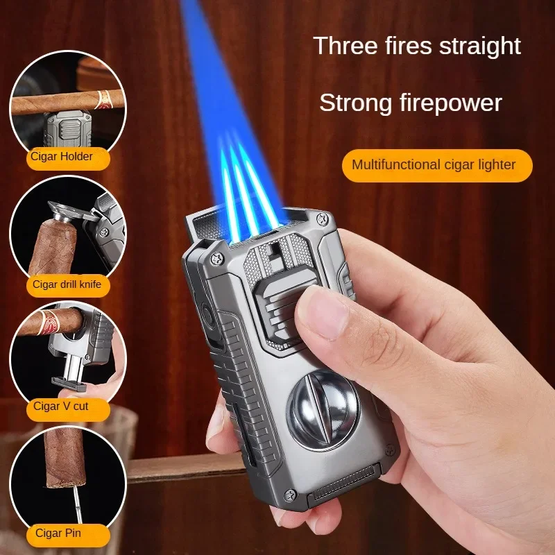 

Five in One Multi functional 3-Blue Flame Direct Spray Cigar Lighter with Creative V-shaped Cigar Clipper Portable Igniter