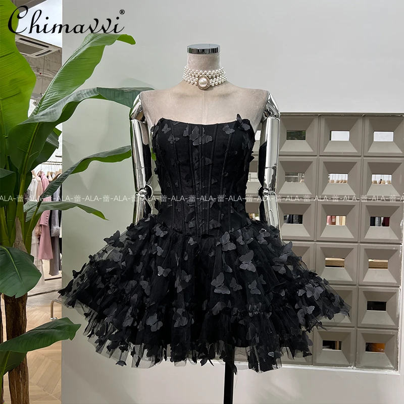 

Romantic Sweet Fashion Socialite Butterfly Fishbone Strapless Dress Spring Summer New Sexy Women's Elegant Birthday Party Dress