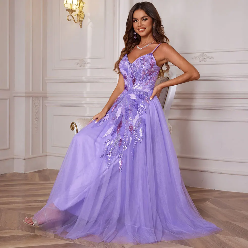 Luxury Beaded Evening Gowns For Women Formal Tulle V Neck Prom Dresses 2024 Long Ball Gown Birthday Party Gown Graduation