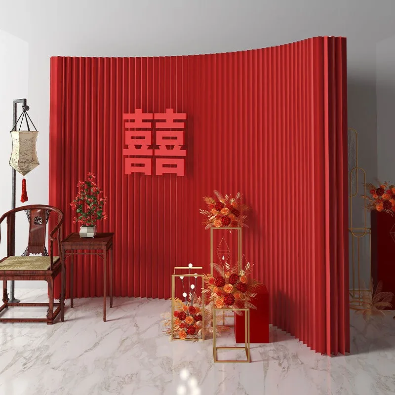 Red screen partition foldable background wall exhibition, office mobile partition wall colored paper wall telescopic