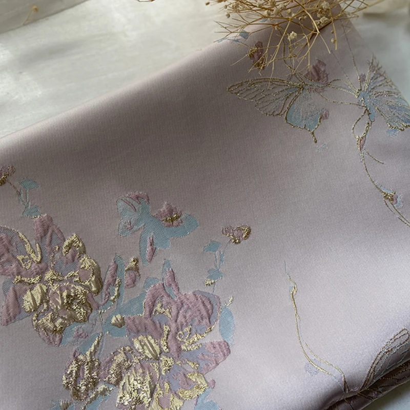 Butterfly Gold Silk Jacquard Brocade Fabric Chinese Style Dress Shirt Throw Pillow Cushion Curtain DIY Sewing Cloth By The Meter