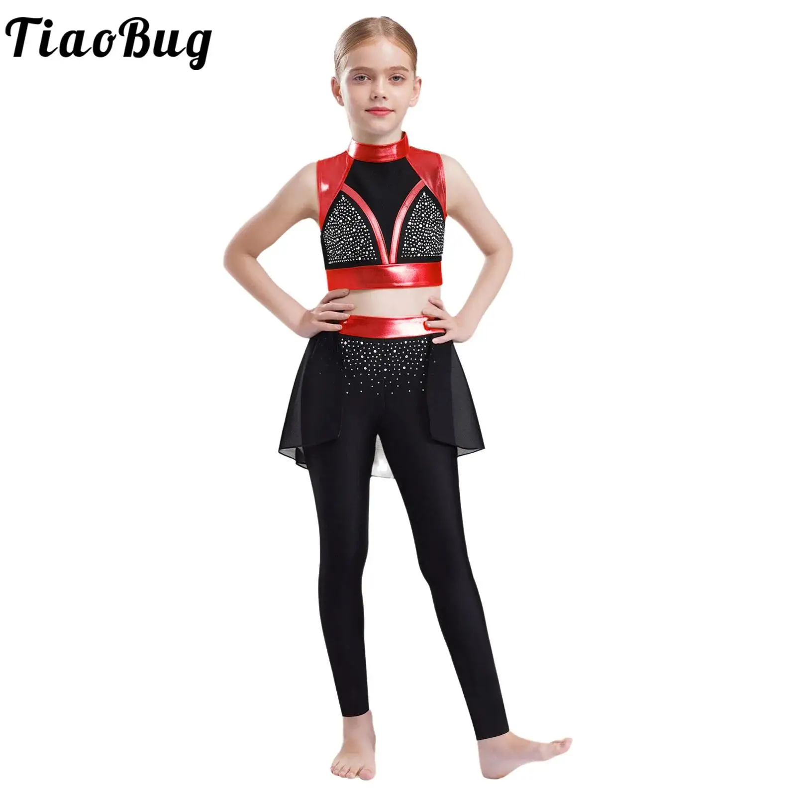 

Kids Girls Lyrical Modern Dance Outfit Ballet Gymnastic Dance Costume Sleeveless Crop Top and Skirted Pants Jazz Performance Set