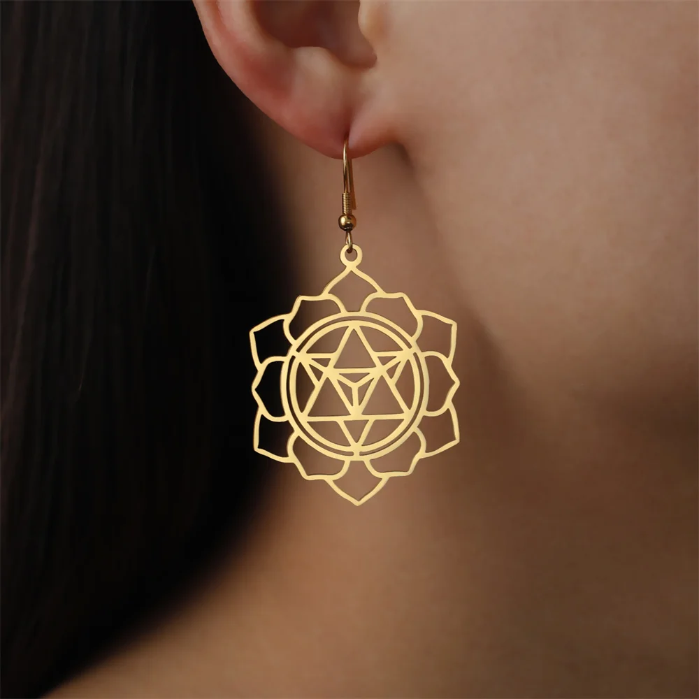 EUEAVAN Merkaba Star Pendant Drop Earrings Star Tetrahedron Lotus Flower Mandala Earrings Sacred Yoga Spiritual Kabbalah Jewelry