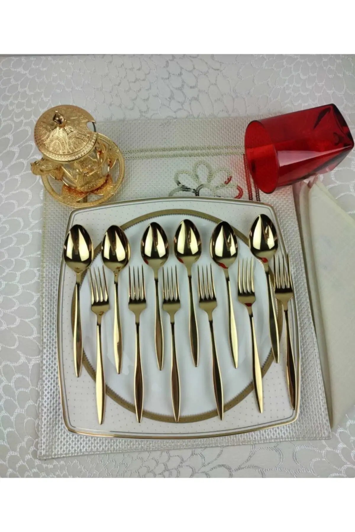 Gold color 12 Pcs Dessert Cake Fork Spoon Kit-Set