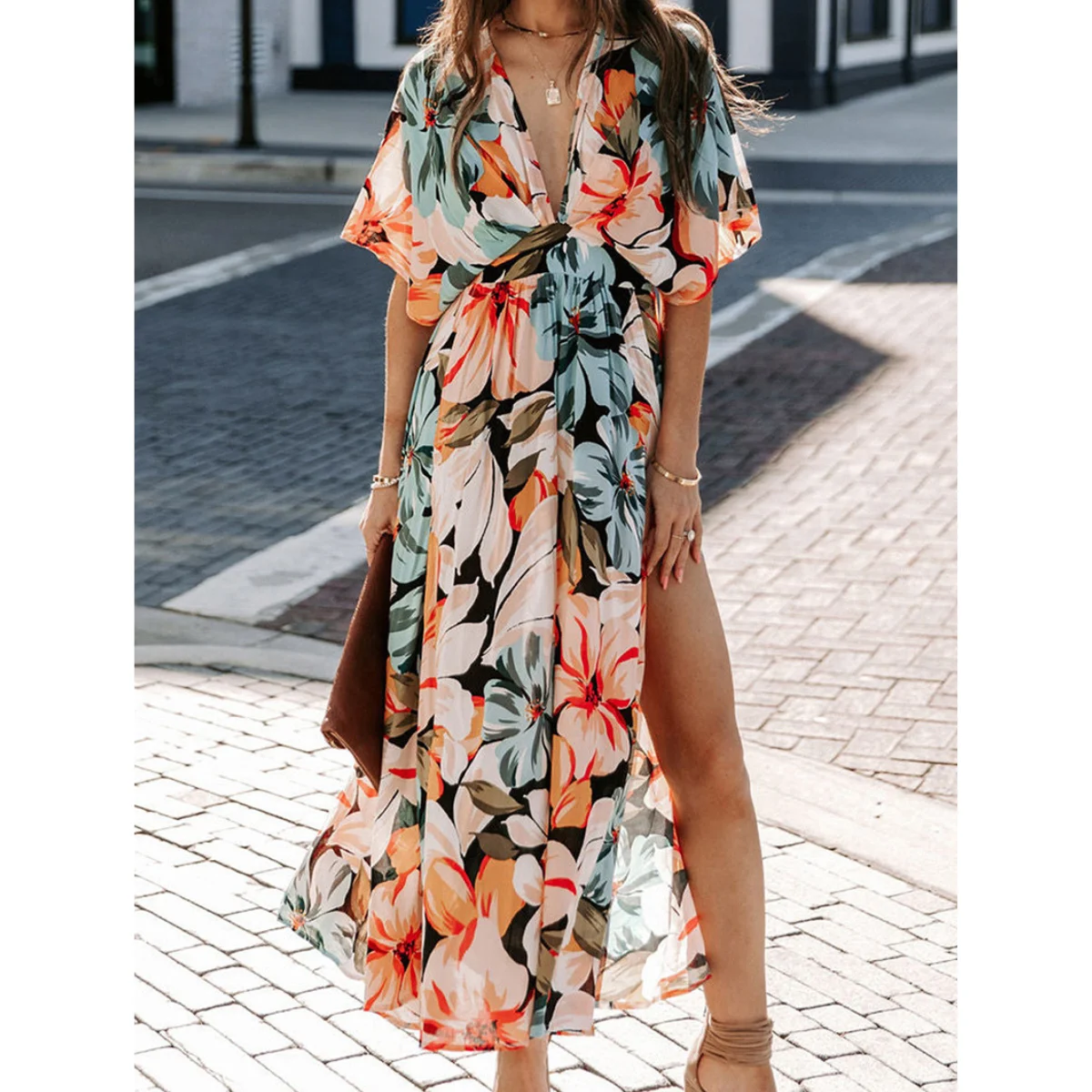 Vestidos florais boêmios para mulheres, decote em v casual, mangas curtas, vestido bohe, fenda sexy de cintura alta, vestido longo, moda festa de verão