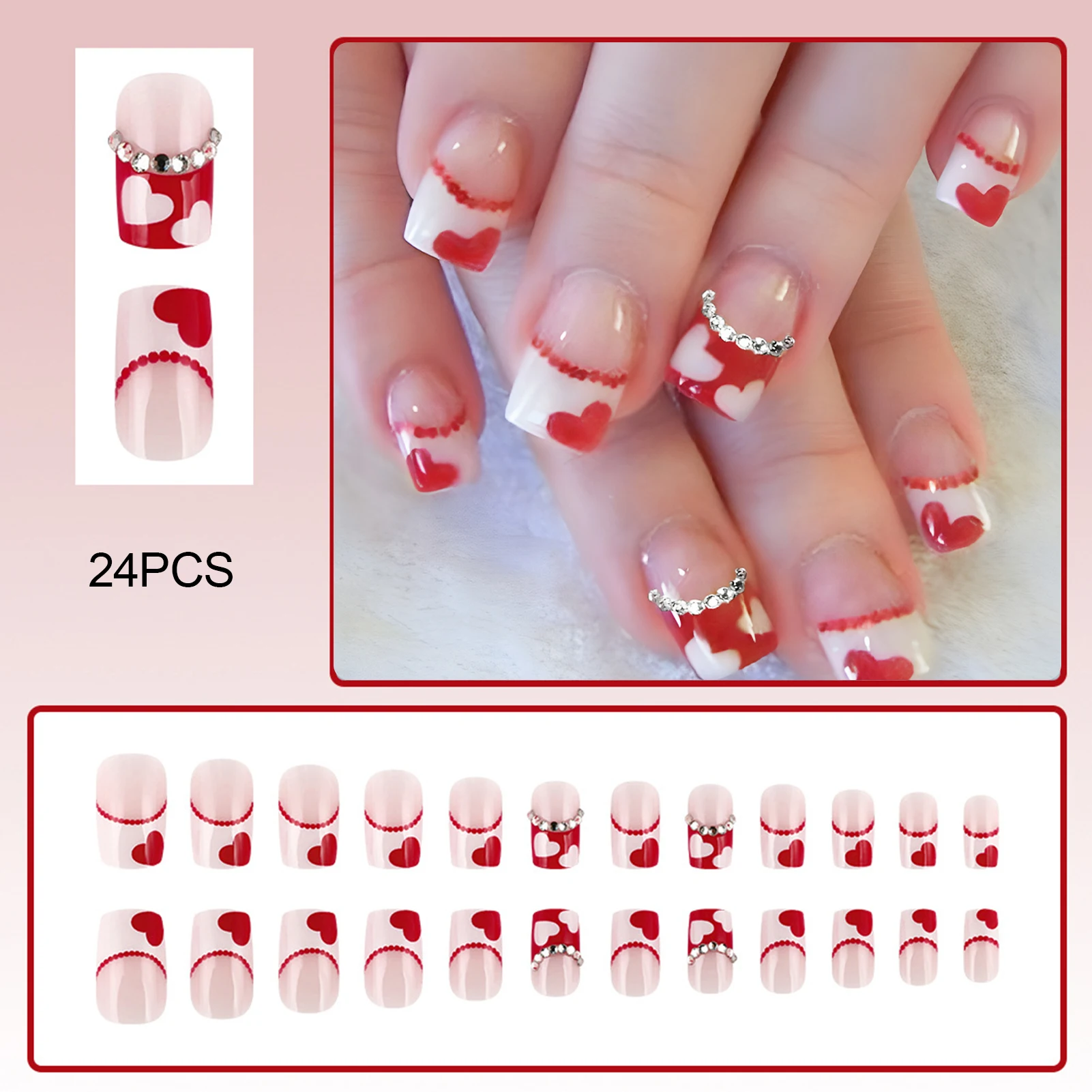 Valentine's Square Fake Nails with Heart Printed Odorless Provides a Comfortable Experience for Daily and Parties Wearing