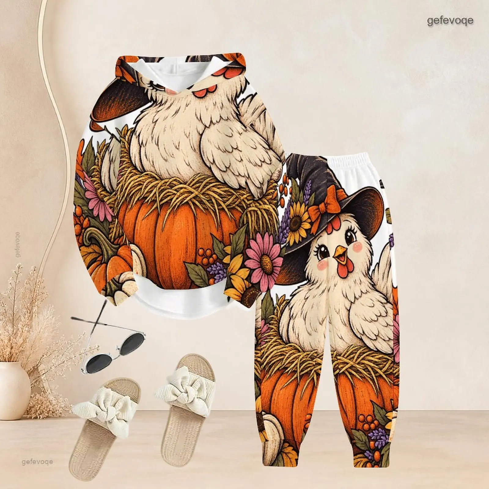 Printed Pants Set for Women Long Sleeve Hooded Top Cuffed Pants Two Piece