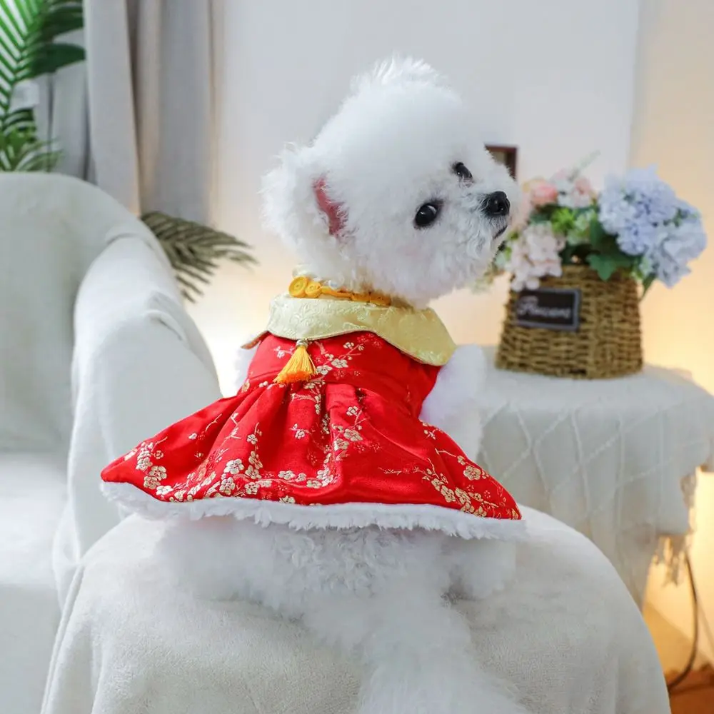 Abito per animali domestici di Capodanno in stile cinese Gonna da principessa per animali domestici in flanella di peluche con nappe Resistente al vento Gilet caldo per gatti Forniture per animali domestici