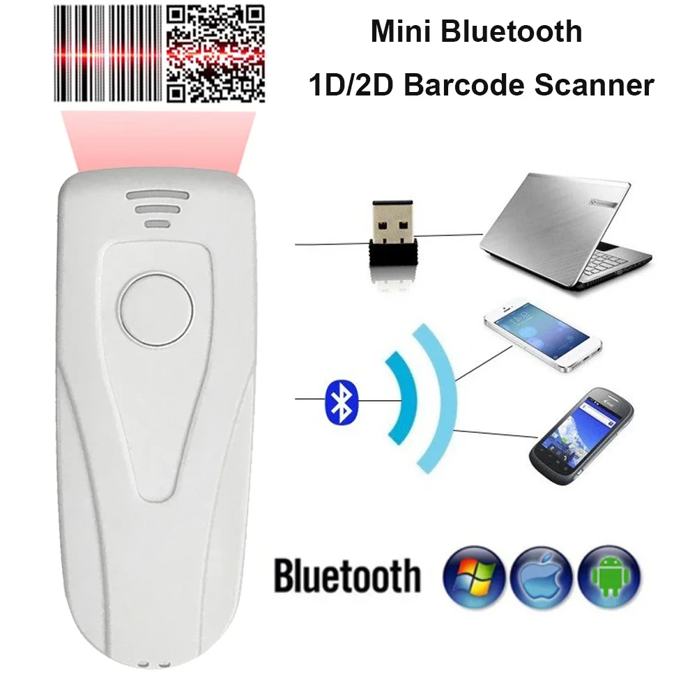 1D 2D QR Barcode Scanner Portable Mini Bluetooth 4.0 Bar Code Reader Work with Phones, Tablet, PC