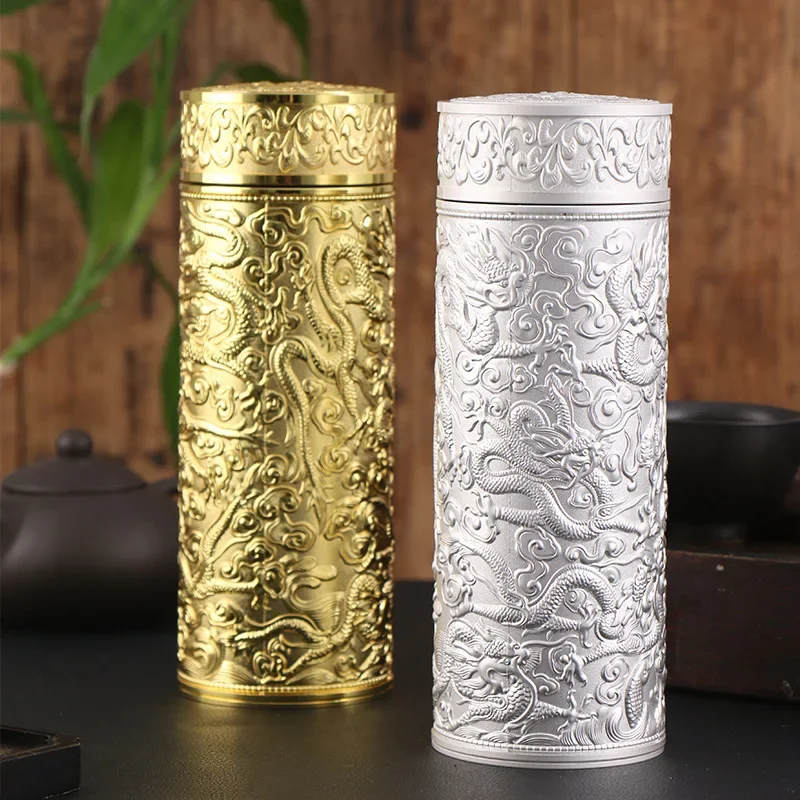 Silver Cup  Insulated Water Cup 9999 Pure Silver   Water Mug  Nine Dragon   Auspicious Dragon and Phoenix Cup