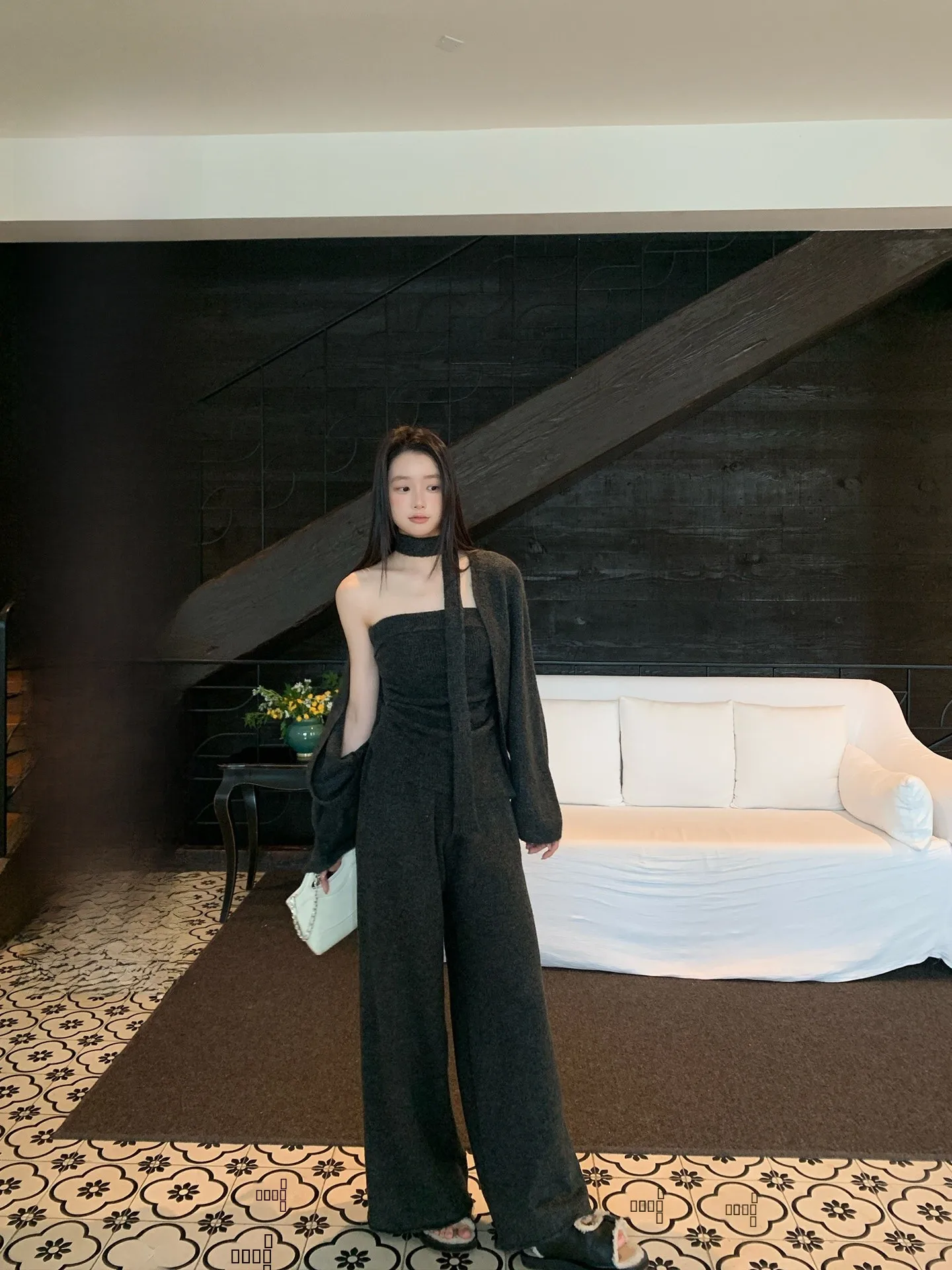 

YOKLASS ранний осенний комплект Faion, вязаный топ без рукавов, повседневные брюки, комплект из футболки, корейская женская одежда для ленивых чувств