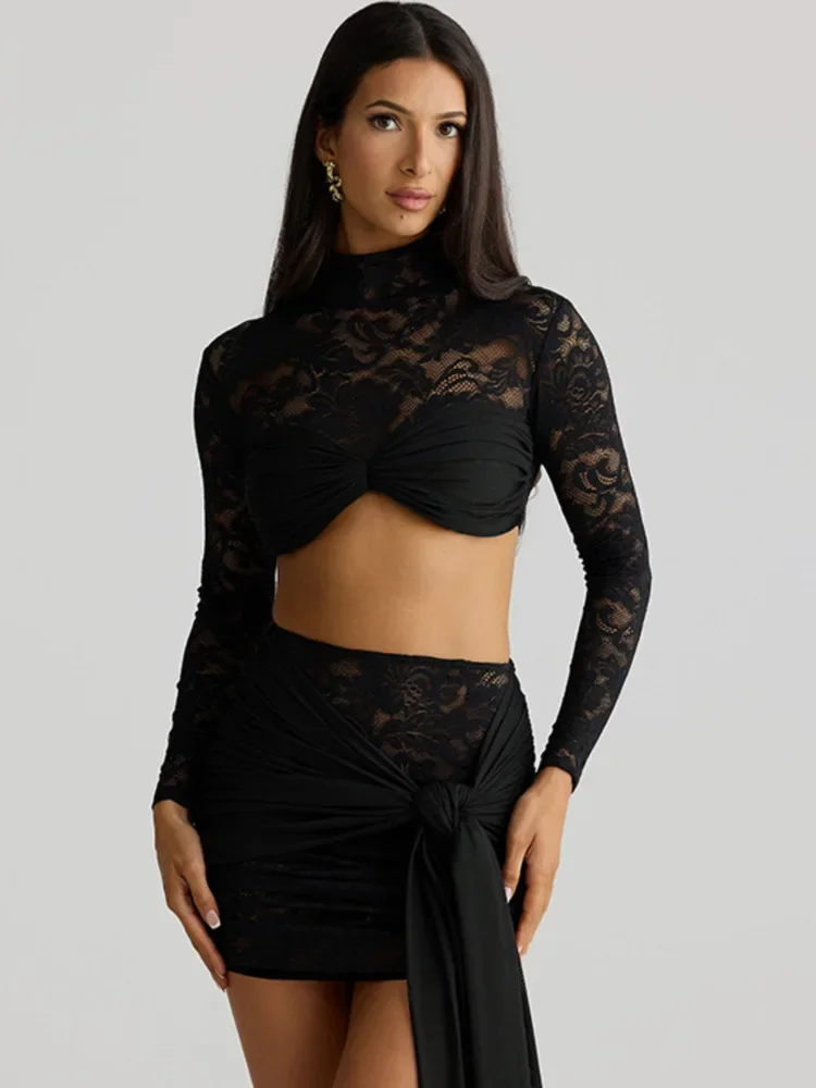 الدانتيل مثير قطعتين مجموعة المرأة الياقة المدورة طويلة الأكمام أعلى وتنورة صغيرة مطابقة مجموعات الإناث ثنيات Ruched أطقم فساتين #4