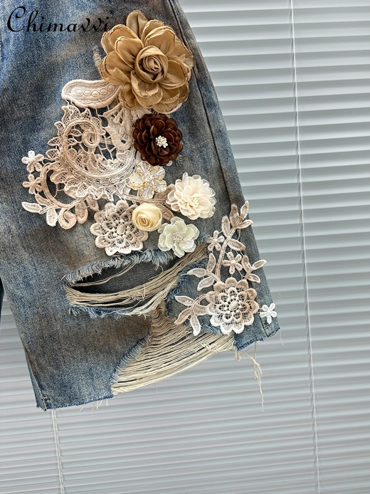 Heavy Flower Decoration Ripped Denim Shorts Women's 2025 Summer New Fashion High Waist Loose Versatile Girls Wide Leg Pants